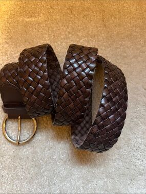 Talbots Dark Brown Braided Leather Belt with Silver Tone Round Buckle Size Large